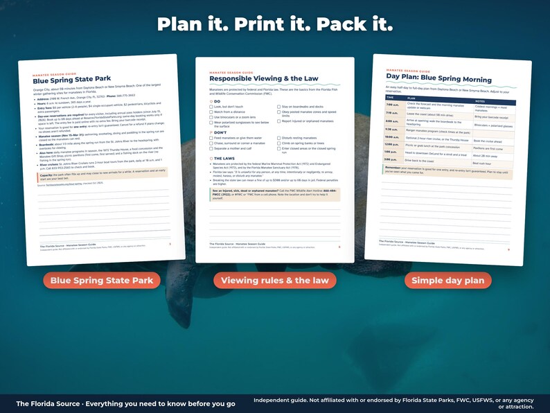 May include: Three white informational pages titled Plan it. Print it. Pack it. The pages provide a guide for Blue Spring State Park, including responsible viewing laws and a day plan. Each page features black text, bullet points, and tables.