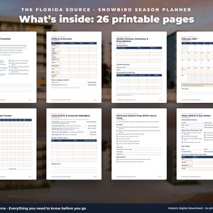 May include: A digital planner titled The Florida Source Snowbird Season Planner featuring 26 printable pages. The layout displays eight distinct document templates including checklists, budget trackers, calendars, and contact logs in blue and white.