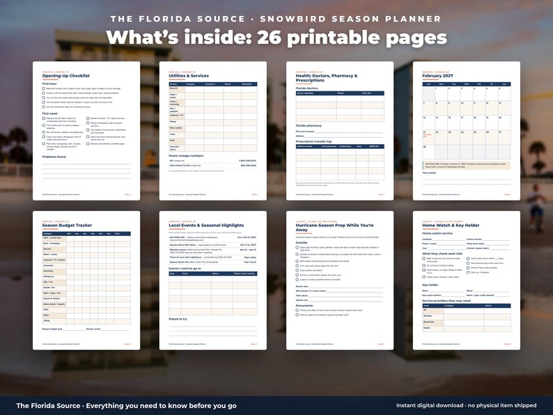 May include: A digital planner titled The Florida Source Snowbird Season Planner featuring 26 printable pages. The layout displays eight distinct document templates including checklists, budget trackers, calendars, and contact logs in blue and white.