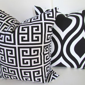 May include: Two decorative throw pillows with black and white geometric patterns. One pillow features a Greek key design, while the other has a swirling, abstract pattern.