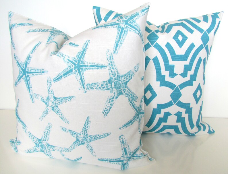 TURQUOISE PILLOWS Coral Pillow Covers Blue Throw Pillows BEACH Etsy