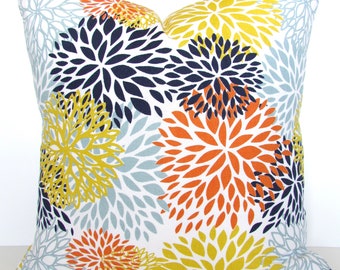 ORANGE PILLOW Cover Blue Pillows Blue Decorative Throw Pillows Yellow Pillow Covers 16x16 18 20 All Sizes. Orange Pillows Floral Home decor