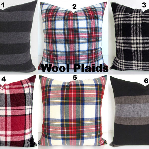 CHRISTMAS WOOL PILLOWS wool Plaid Pillow covers Red Plaid Throw Pillow Covers Red Black Christmas Pillows Check Gray Stewart Plaid Pillow