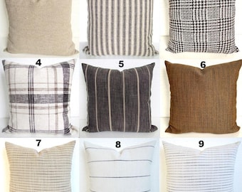 GRAY THROW PILLOWS Charcoal Pillow Cover Tan ticking stripe White, Black, Bronze Farmhouse Sizes