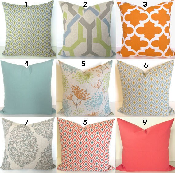 coral and blue throw pillows