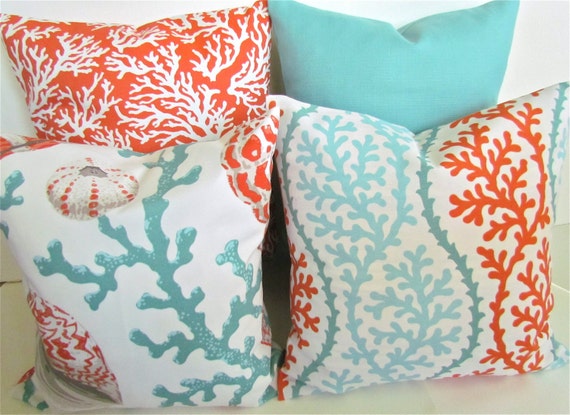 Coral Pillows Orange Outdoor Throw Pillow Covers Orange Coral Etsy