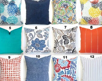 GREEN OUTDOOR PILLOWS Blue Outdoor Throw Pillow Covers Teal, Denim Blue Tropical Coral, Orange Turquoise.  All Sizes.