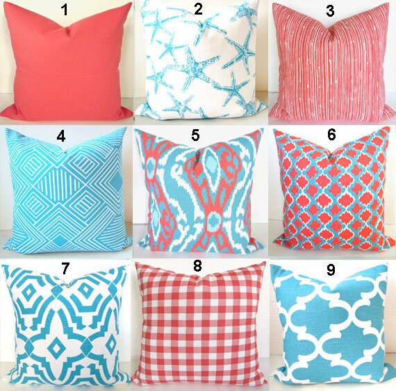 Turquoise Pillows Coral Pillow Covers Blue Throw Pillows Beach Etsy