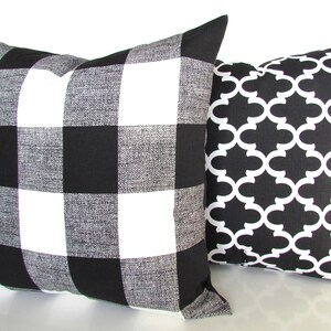 May include: Two decorative throw pillows, one with a black and white buffalo check pattern and the other with a black and white geometric pattern.
