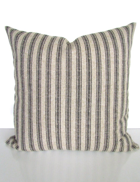 BLACK TICKING STRIPE Pillow Black Throw Throw Pillow Vintage Ticking Stripe