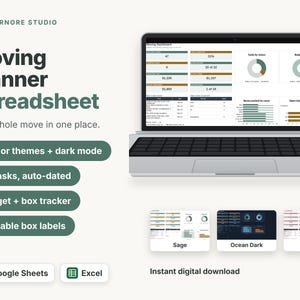 May include: A digital moving planner spreadsheet displayed on a laptop screen, featuring a dashboard with charts, budget and box trackers, and task lists. The interface includes options for 6 colour themes, dark mode, and compatibility with Google Sheets and Excel.
