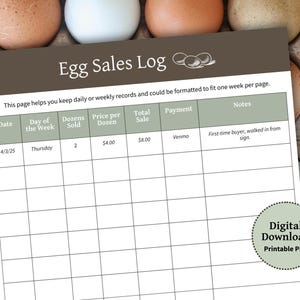 May include: A printable PDF document with a green and brown color scheme. The document is titled "Egg Sales Log" and has a table with columns for date, day of the week, dozens sold, price per dozen, total sale, payment, and notes. The table has a row with the date 4/3/25, Thursday, 2, $4.00, $8.00, Venmo, and "First-time buyer, walked in from sign."