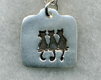 3 Cats on a Wall Silver Pendant