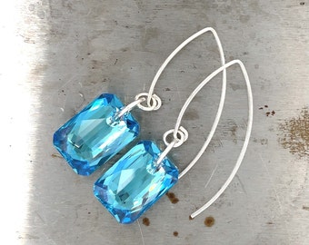 Rectangle Aquamarine Crystal earrings on silver wire