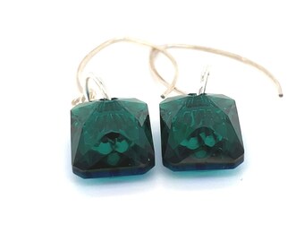Rectangle Emerald Green Crystal earrings on silver wire