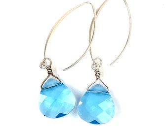 Aquamarine Briolette Crystal earrings on silver wire