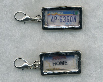 License Plate Charms, personalized, custom made, pewter backed, with a lobster claw clasp