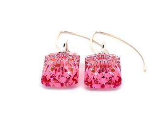 Rectangle Pink Crystal earrings on silver wire