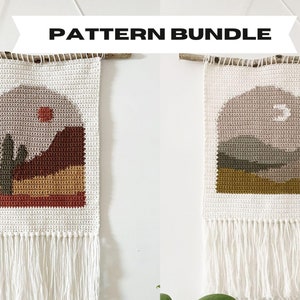 May include: A crochet pattern bundle featuring two wall hangings with a desert landscape theme. The first wall hanging features a cactus, mountains, and a red sun. The second wall hanging features mountains and a crescent moon. Both wall hangings have white fringe.