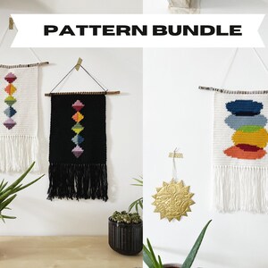 May include: A set of three wall hanging patterns featuring geometric shapes. The patterns are woven with colourful yarn and have fringe at the bottom. The patterns are titled "PATTERN BUNDLE".