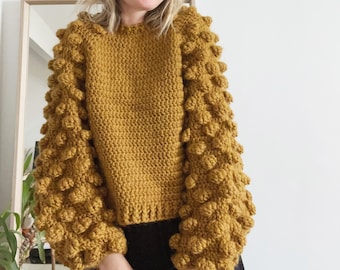 The Big Bobble Jumper - crochet pattern PDF. Crochet jumper. Crochet sweater. Chunky crochet. Statement sleeves. Bobble Stitch crochet.