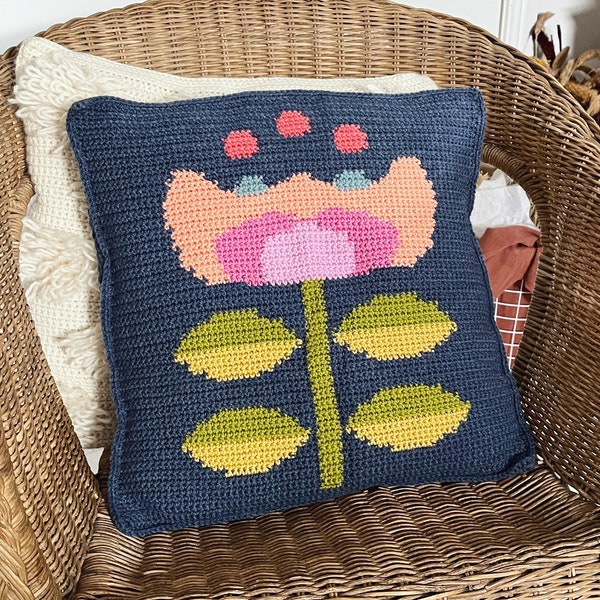 Crochet Cushion Pattern. Folk Flower Cushion Crochet Pattern. Intarsia Crochet. Tapestry Crochet Pattern.