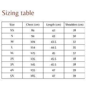 May include: Sizing table for clothing with measurements in centimeters for chest, length, and shoulders. Sizes include XS, S, M, L, XL, 2X, 3X, 4X, and 5X.