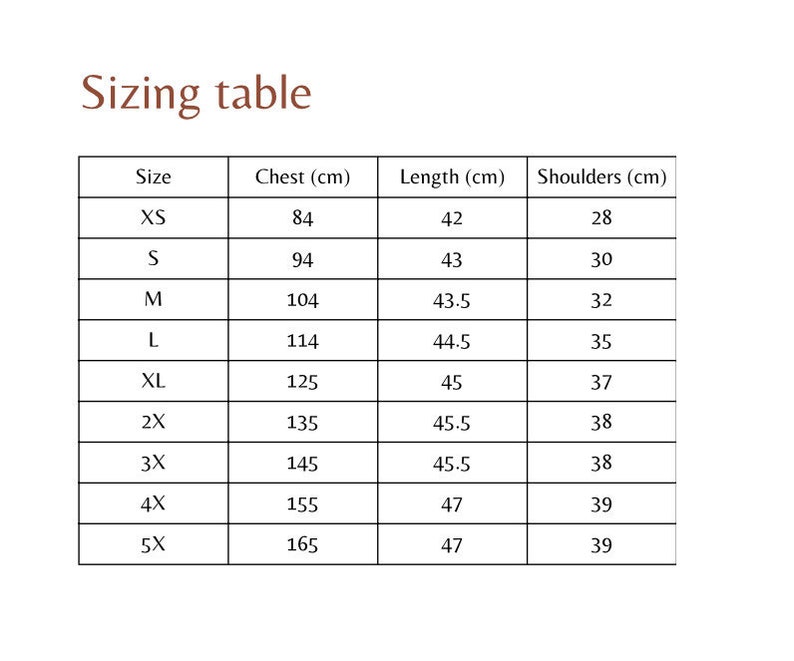 May include: Sizing table for clothing with measurements in centimeters for chest, length, and shoulders. Sizes include XS, S, M, L, XL, 2X, 3X, 4X, and 5X.
