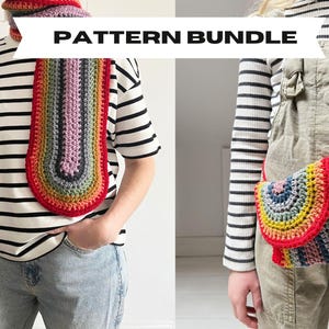 Könnte beinhalten: Ein Häkelmuster-Paket mit einem Regenbogen-Schal und einer Regenbogen-Umhängetasche. Das Musterpaket heißt "PATTERN BUNDLE".