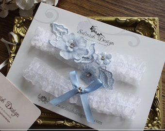 Blue garter for Wedding, Something Blue Garter, Wedding Garter Set, Bridal Garter Set, Flower Garters, Light Blue Garter, Bride -G198blue