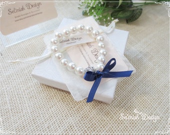 Bridemaid Bracelets, Something Blue Bracelets, Flower Girl Bracelet, Ivory Pearl Bracelet, Flowergirl Gifts, Bow Bracelets-B142royal