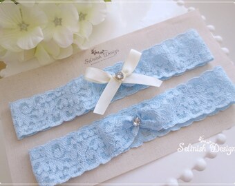 Baby Blue Lace Wedding Garter Set: Floral Bridal Garters with Bow