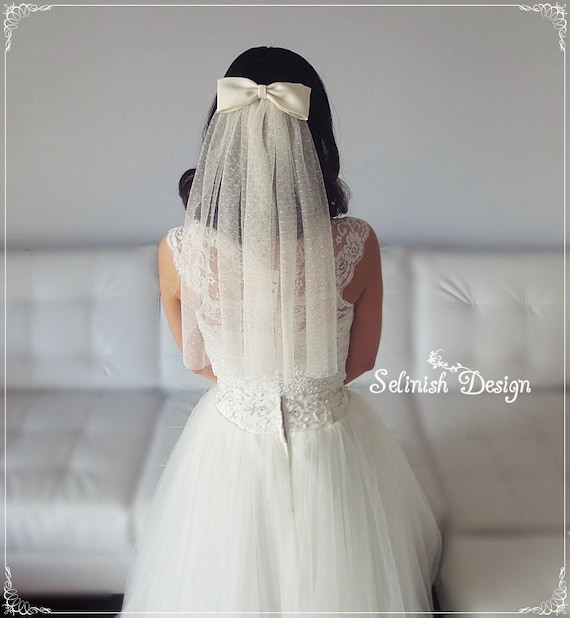 White Dotted Wedding Veil Bow Headband with Pearls