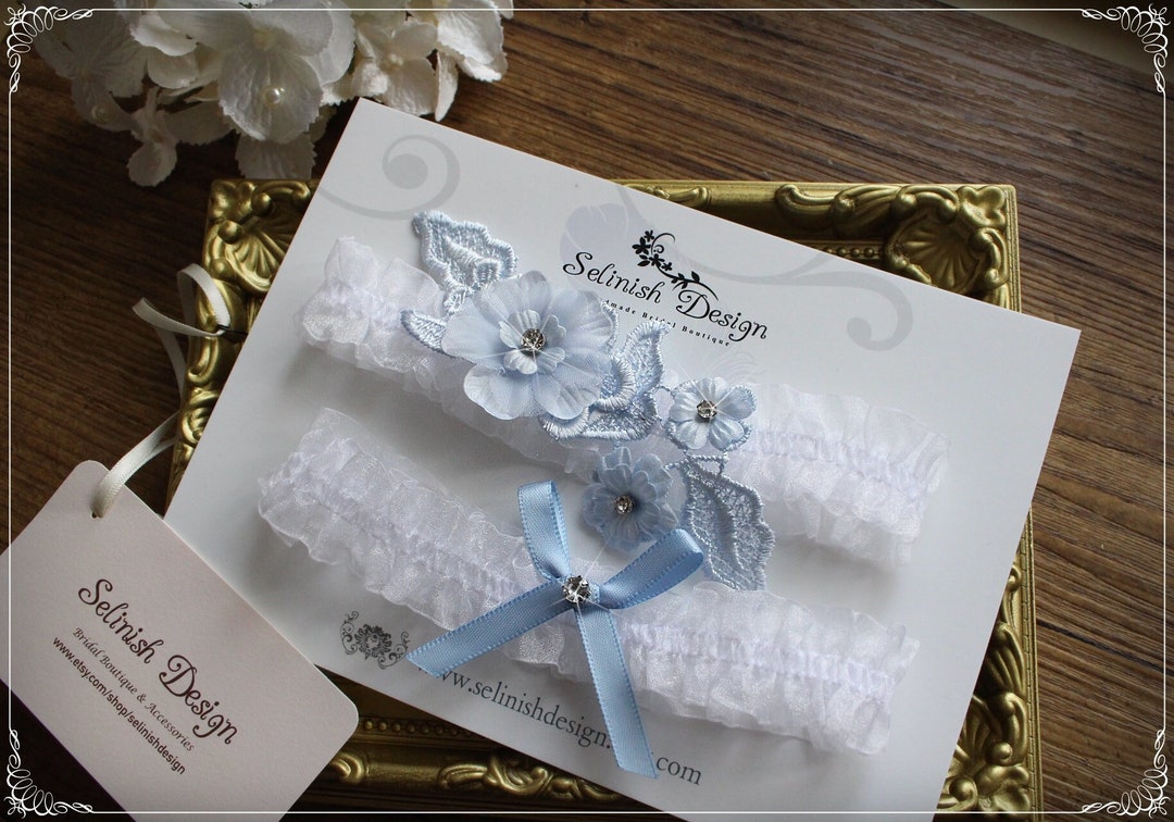 Luckaide Braut Strumpfband Blau & Weiß | Hochzeits Strumpfband Mit Geschenkbox