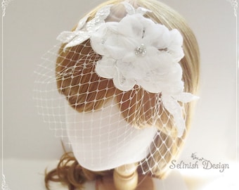 Birdcage Veil, Bridal Mini birdcage Veil, Short Veil, Flower Fascinate Birdcage Veil by Selinish - V153mini