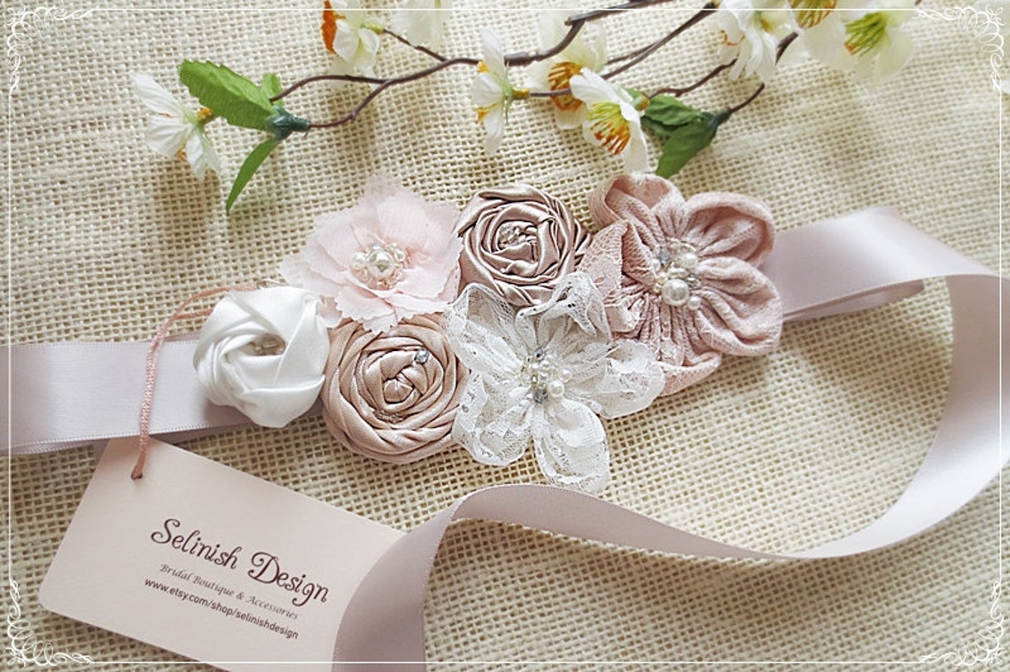 Wedding Vintage Satin Rosette Flower Sash Belt Ivory Sash image 1 Wedding Vintage Satin Rosette Flower Sash Belt Ivory Sash image 1