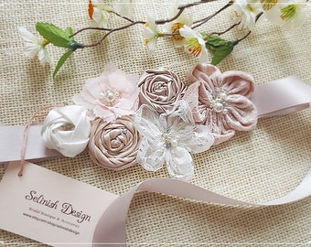 Wedding Vintage Satin Rosette Flower Sash Belt- Ivory Sash, Champagne Bridal Sash, Beaded Wedding Sash, Bridal Accessories -SB148pink