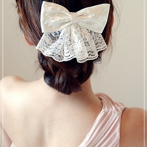 Pearl Lace Wedding Hair Bow: Silk Satin Flower Girl Bow image 2