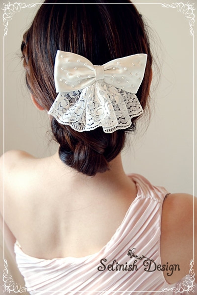 Pearl Lace Wedding Hair Bow: Silk Satin Flower Girl Bow image 2