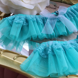 Teal Wedding Garter, Turquoise Wedding Garters, Bride Garter with bow, Beach wedding garter, peacock, lace wedding garter image 2