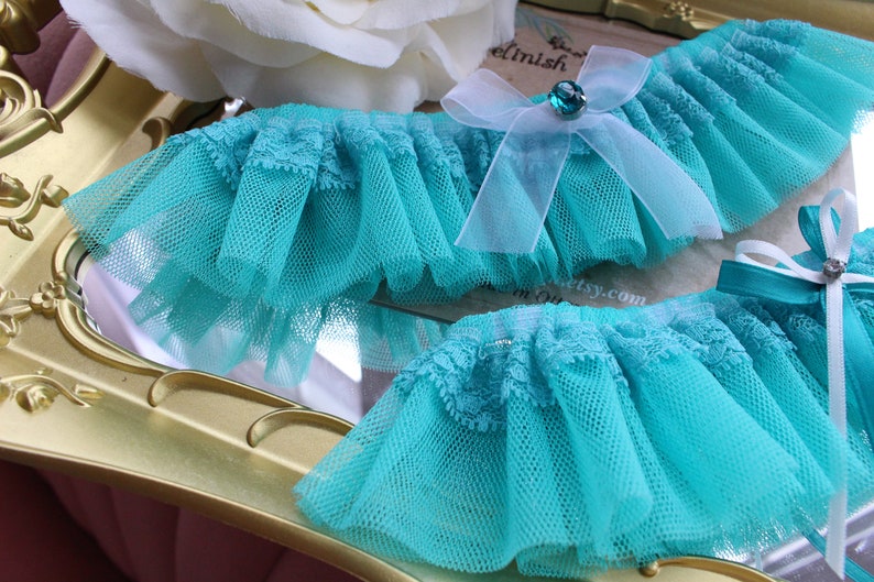 Teal Wedding Garter, Turquoise Wedding Garters, Bride Garter with bow, Beach wedding garter, peacock, lace wedding garter image 2