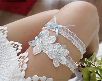 Wedding Garter Bridal Garter, Dainty Leg Garter set, Flower Wedding Garter, Blue Bridal Garter, Something blue garter -G153thin