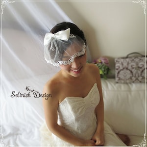 Lace Birdcage Veil, Bridal birdcage Veil, lace veil, Bow Veil, Birdcage Veil with Bow, Bridal Fascinate Birdcage Veil by Selinish-V133lace