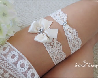 Cream Ivory Wedding Garter Set, Lace Garter, Cream Ivory Garter, Something Ivory, Garter Set, Bow Garter- code: G155cream