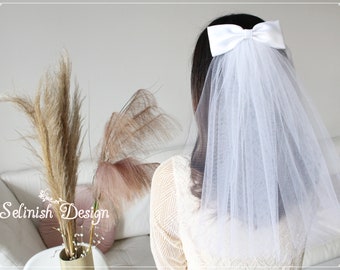 Bridal Bow Veil, White Veil, Bow Veil, Bridal Veil, Pure White Wedding Veil, Vintage Wedding, Cute Veil- V2110white