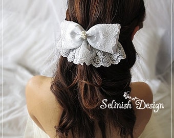 Bridal Bow Fascinator, White Wedding Hair Bow, Bridal Bow, Wedding Accessories, Wedding Hair Bow Clip, Flower Girl, Lace Bow