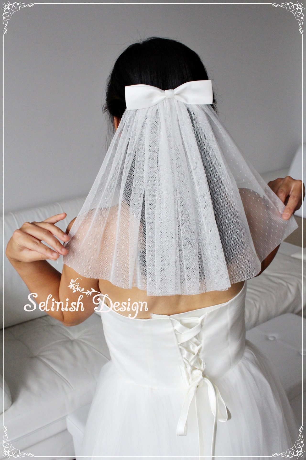 Short Swiss Dot Veil, Bridal Veil, Bow Veil, Veil With Bow