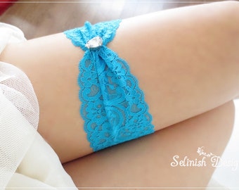 Aqua Blue Garter, Something Blue, Wedding Garter, Bridal Lace Garter- Rhinestone Garter, Aqua pool Blue Lace Garter