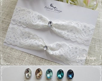 Lace Garter Set, Something Blue Wedding Lace Garter, Blue Rhinestone Garter, Lace Garter Set -Color Options-G143wCubic