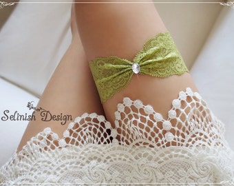 Lace Garter, Green Bridal Garter- Green Wedding Garter, Toss Garter, Rhinestone Garter, Light Green Garter, Color options